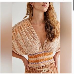 Free People Smocked Elastic V-Neck Blouse next vacation Small FP